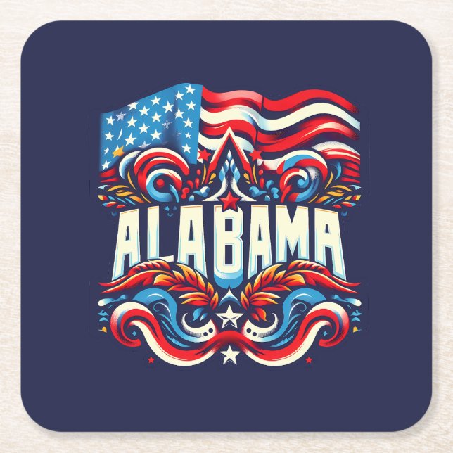 Patriotic Alabama Abstract Decorative Design Square Paper Coaster (Front)