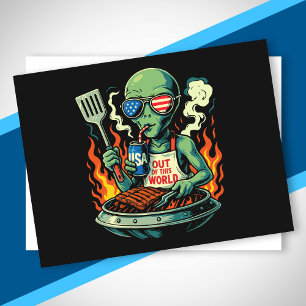 Patriotic Alien BBQ Grill American Flag Sunglasses Holiday Postcard