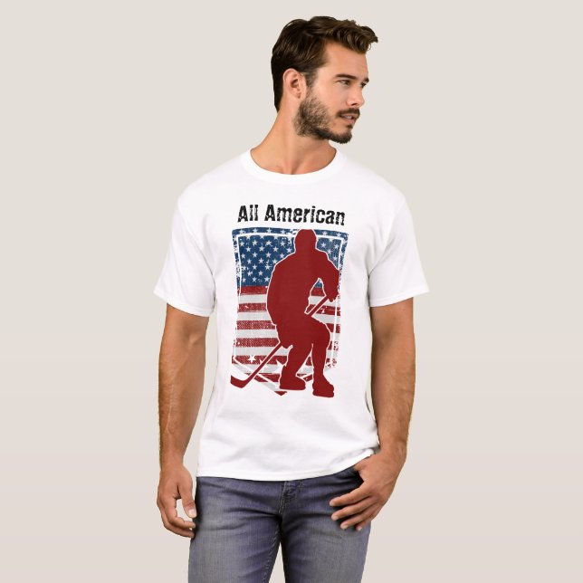 Patriotic All-American Hockey Vintage Distressed T-Shirt (Front Full)
