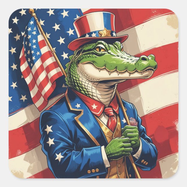 Patriotic Alligator holding the American Flag Square Sticker (Front)
