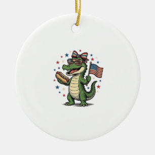 Patriotic Alligator Hot Dog Vintage Vector Shirt ( Ceramic Ornament