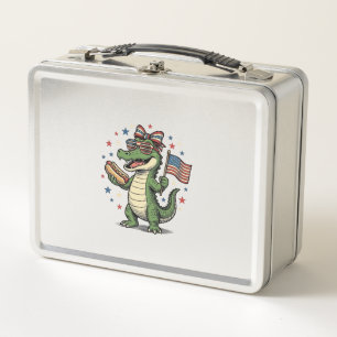 Patriotic Alligator Hot Dog Vintage Vector Shirt ( Metal Lunch Box