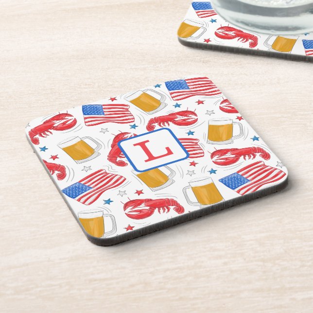 Patriotic America Flag Beer Lobster Monogram  Coaster (Left Side)