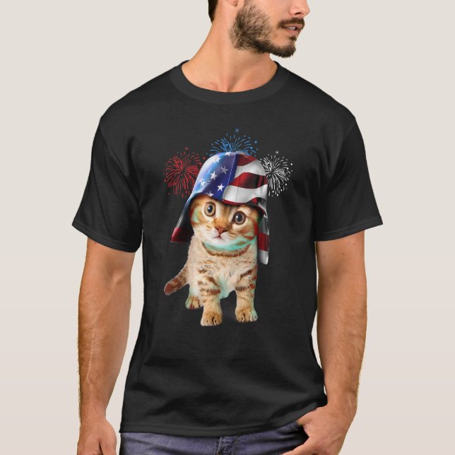 Patriotic America Warrior Cat 4 Of July Fireworks  T-Shirt (Front)