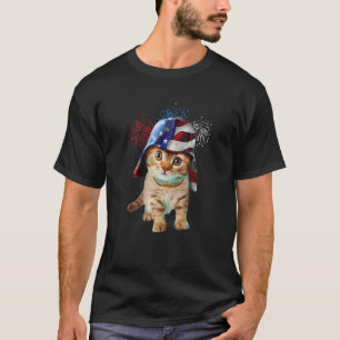 Patriotic America Warrior Cat 4 Of July Fireworks T-Shirt