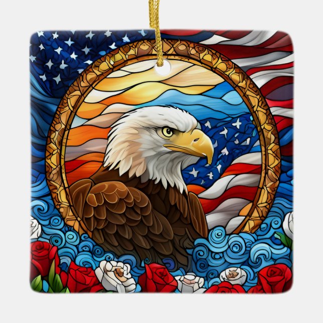 Patriotic American Bald Eagle "Stained Glass" Ceramic Ornament (Front)