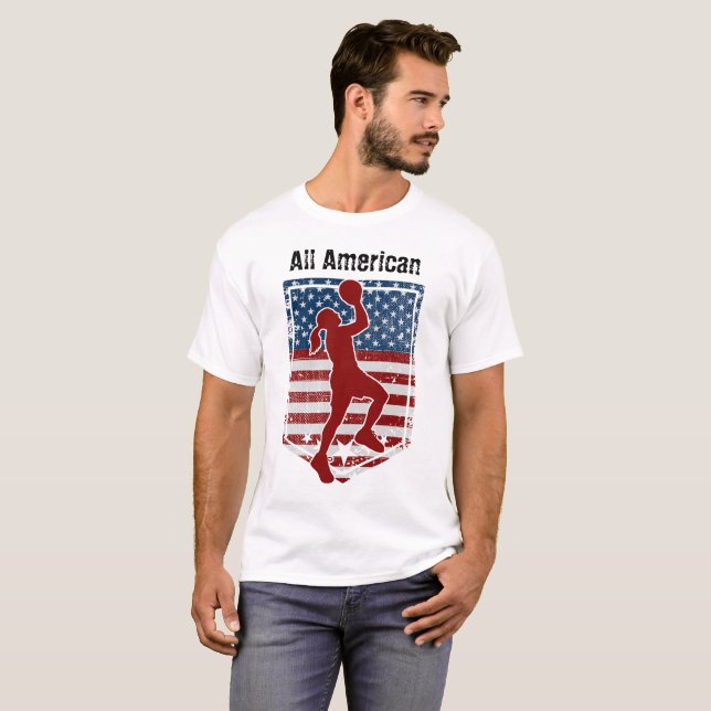 Patriotic American Basketball Vintage Distressed T-Shirt (Front Full)