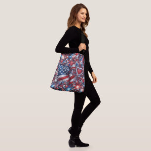 Patriotic American bling swirls stars hearts FireW Crossbody Bag
