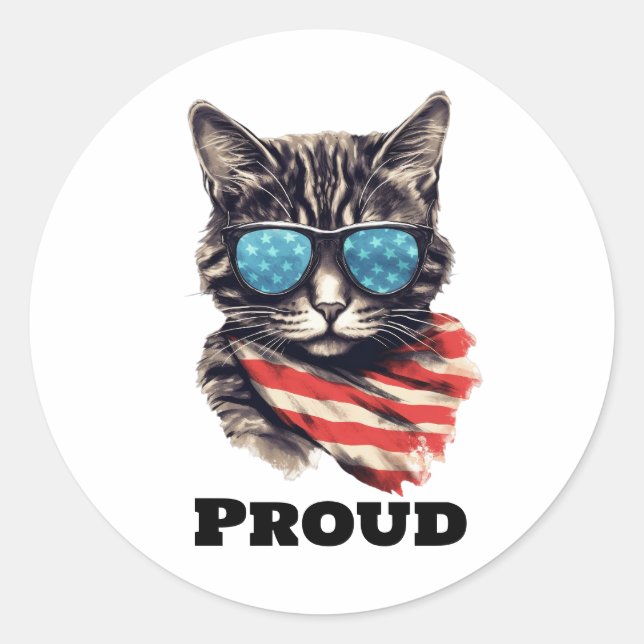 Patriotic American Cat,  4th of July Classic Round Sticker (Front)