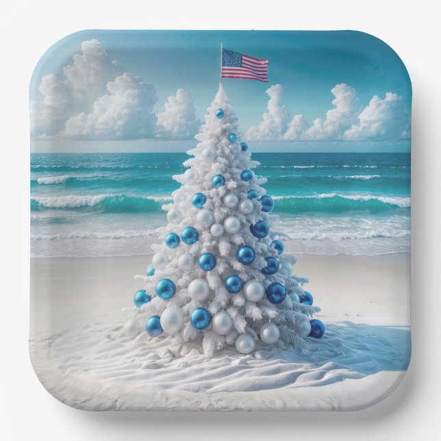 Patriotic American Christmas Tree On a Beach Paper Plate (Front)