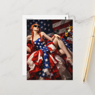 Patriotic American Fashions Woman in Dress Postcard