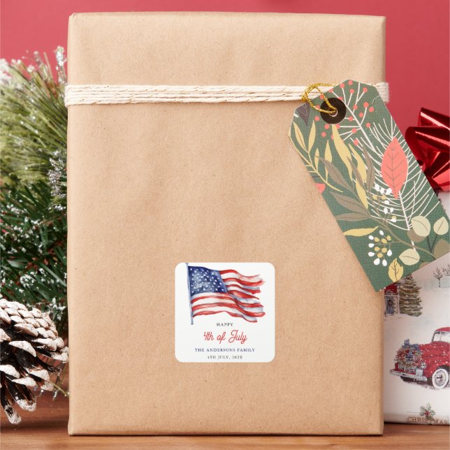 Patriotic American Flag 4th of July Welcome Sign Square Sticker (Holiday)