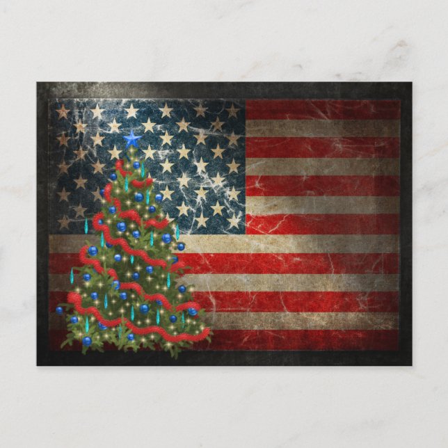 Patriotic American Flag and Christmas Tree Holiday Postcard (Front)