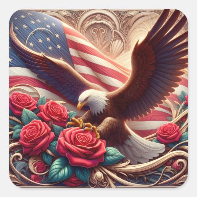 Patriotic American Flag and Eagle Square Sticker (Front)