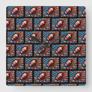 Patriotic American Flag and Football Sports Square Wall Clock