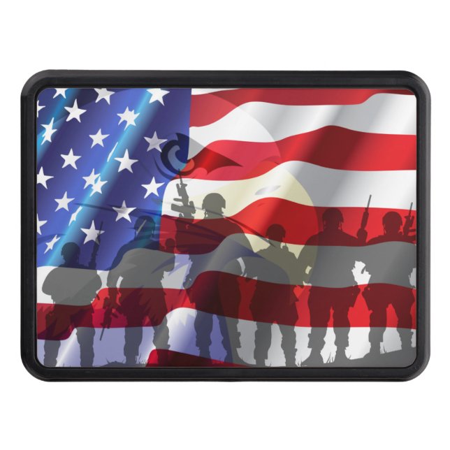 Patriotic American flag and soldiers Trailer Hitch Cover (Front)