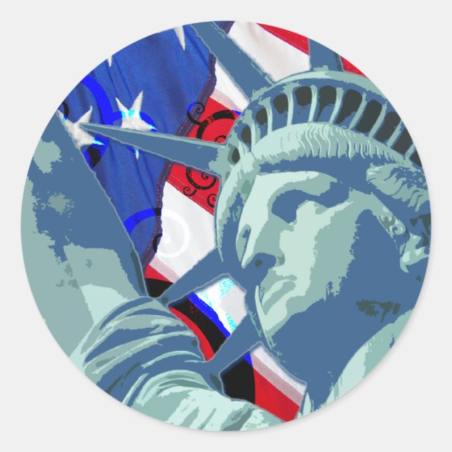Patriotic American Flag and Statue of Liberty Classic Round Sticker (Front)