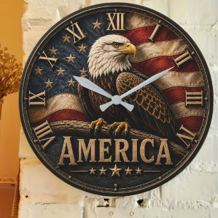Patriotic American Flag Bald Eagle America Large Clock