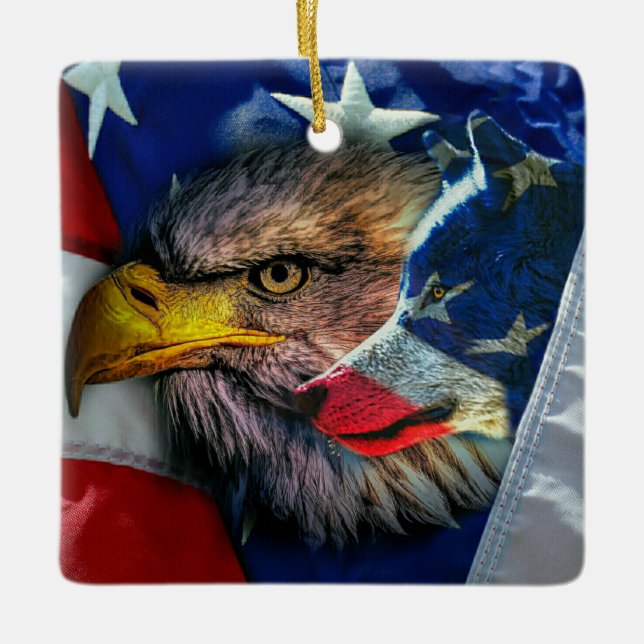 Patriotic American Flag Bald Eagle Wolf Ceramic Ornament (Front)