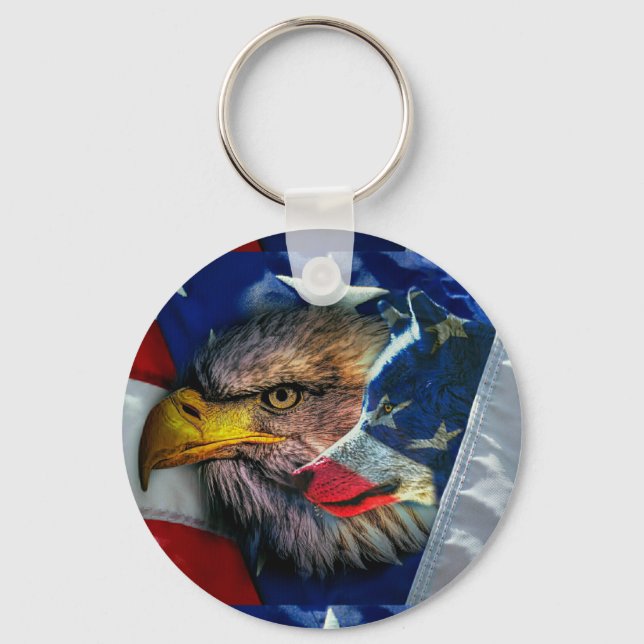 Patriotic American Flag Bald Eagle Wolf Keychain (Front)