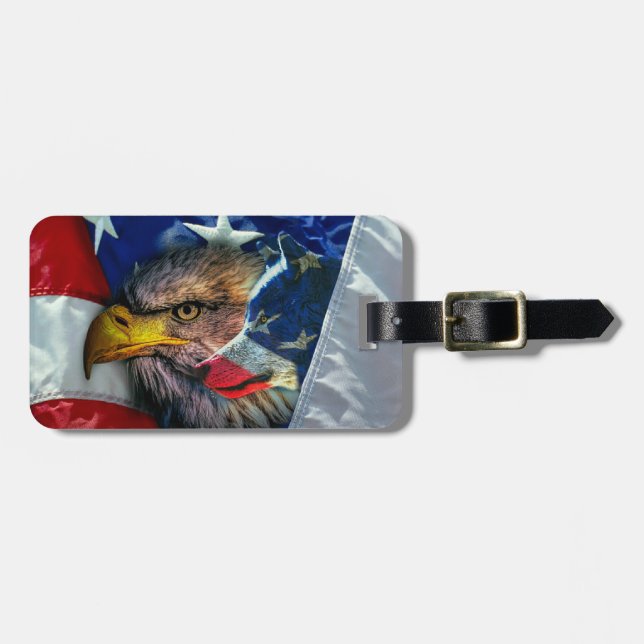 Patriotic American Flag Bald Eagle Wolf Luggage Tag (Front Horizontal)