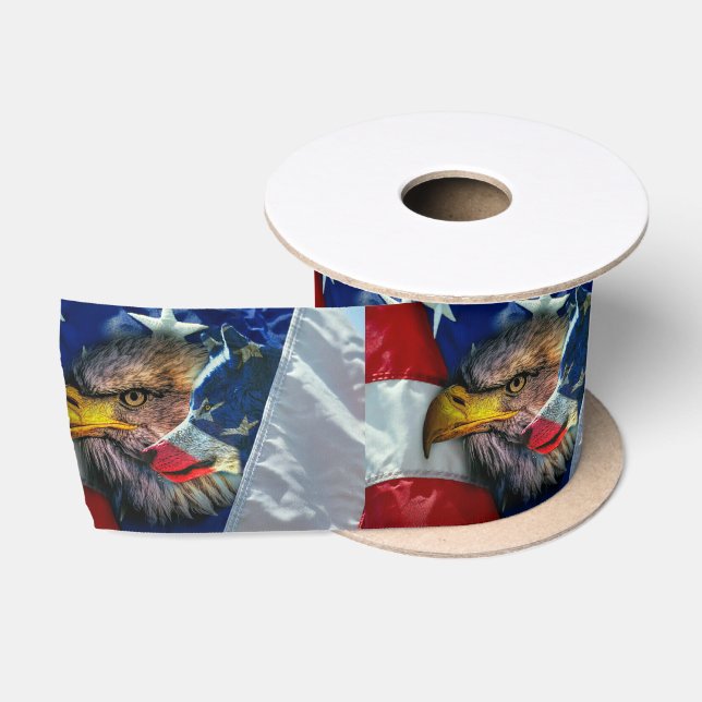 Patriotic American Flag Bald Eagle Wolf Satin Ribbon (Spool)