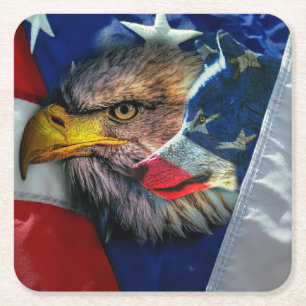 Patriotic American Flag Bald Eagle Wolf Square Paper Coaster