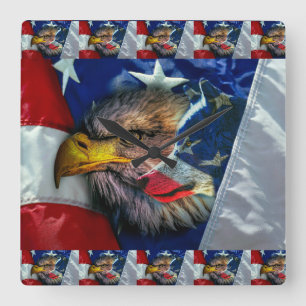 Patriotic American Flag Bald Eagle Wolf Square Wall Clock