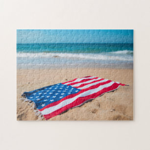 Patriotic American Flag Beach Towel on the Sand  Jigsaw Puzzle