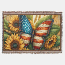 Patriotic American Flag Butterfly and Sunflowers