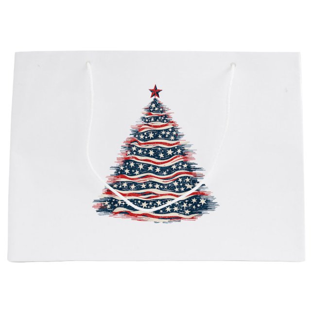 Patriotic American Flag Christmas Tree Large Gift Bag (Front)