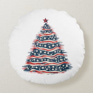 Patriotic American Flag Christmas Tree Round Pillow