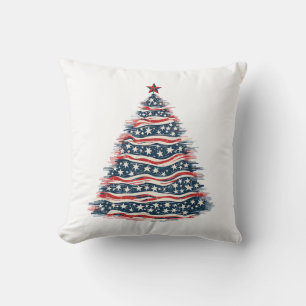 Patriotic American Flag Christmas Tree Throw Pillow