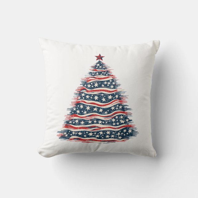 Patriotic American Flag Christmas Tree Throw Pillow (Front)