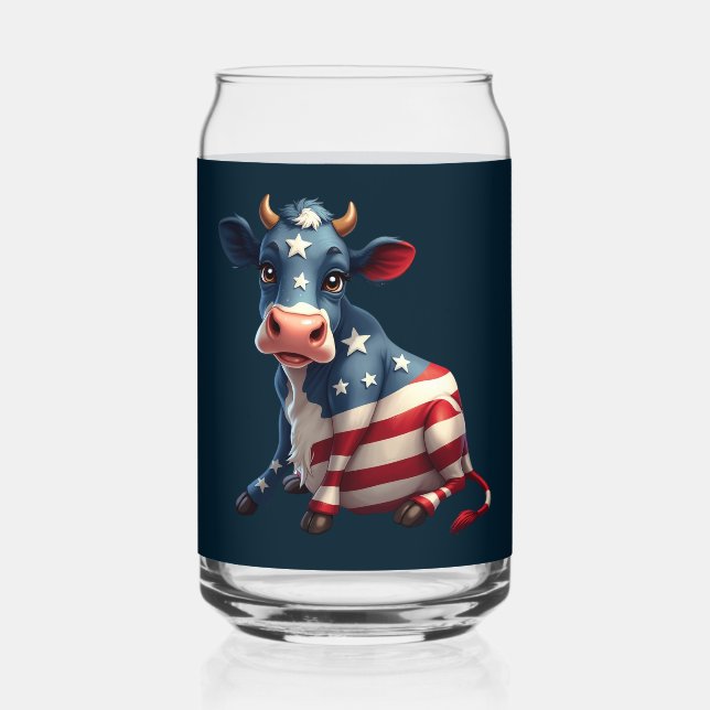 Patriotic American Flag Cow Illustration Can Glass (Back)