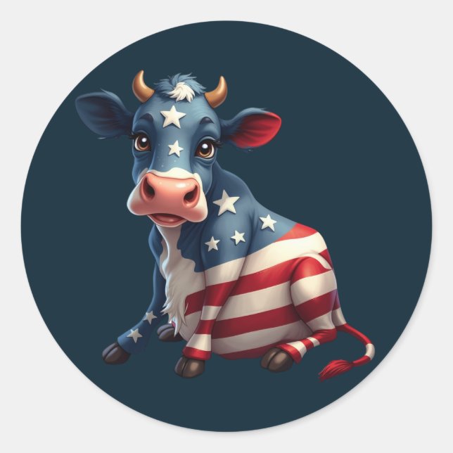 Patriotic American Flag Cow Illustration Classic Round Sticker (Front)