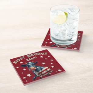 Patriotic American Flag Cow Illustration Glass Coaster