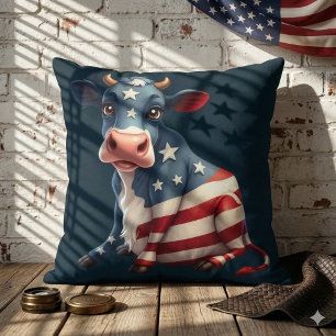 Patriotic American Flag Cow Illustration Throw Pillow