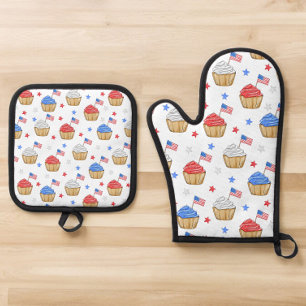 Patriotic American Flag Cupcakes Red White Blue Oven Mitt & Pot Holder Set