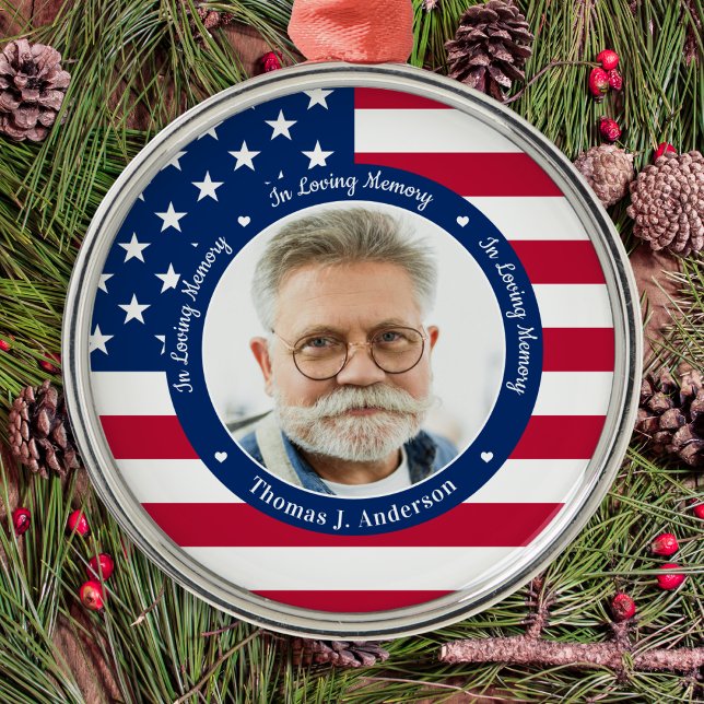 Patriotic American Flag Custom 2 Photo Memorial  Metal Ornament (Creator Uploaded)