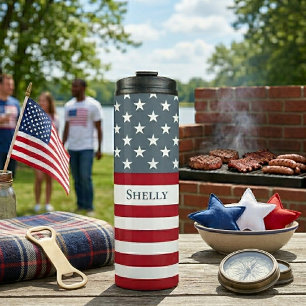 Patriotic American Flag Custom Name Thermal Tumbler
