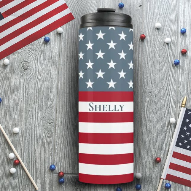 Patriotic American Flag Custom Name Thermal Tumbler (Creator Uploaded)