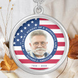 Patriotic American Flag Custom Photo Memorial Silver Plated Necklace<br><div class="desc">Honour your loved one with a patriotic custom photo memorial necklace. This unique military memorial necklace is the perfect gift for yourself, family or friends to pay tribute to a military veteran, military soldier, army, marines or fallen soldier. This patriotic memorial necklace features a modern red white and blue USA...</div>
