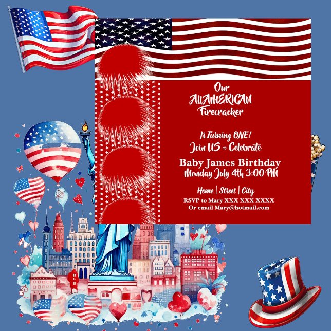 Patriotic American Flag Firecracker Birthday Boy  Invitation (Patriotic American Flag Firecracker Birthday Boy Invitation)