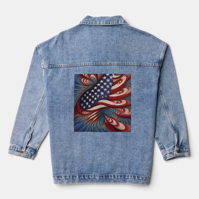 Patriotic American Flag Fractal Denim Jacket (Back)