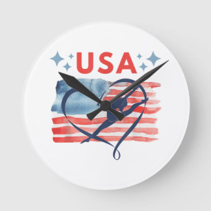 Patriotic American Flag Gymnastics Design for USA  Round Clock