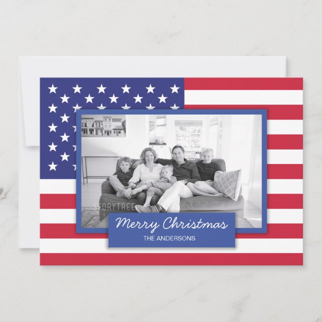 Patriotic American Flag Holiday Photo Card (Front)
