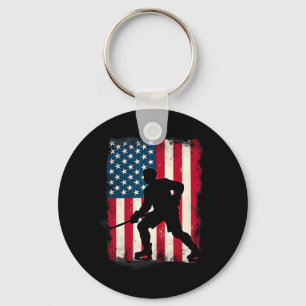Patriotic American Flag Ice Hockey Player  Keychain