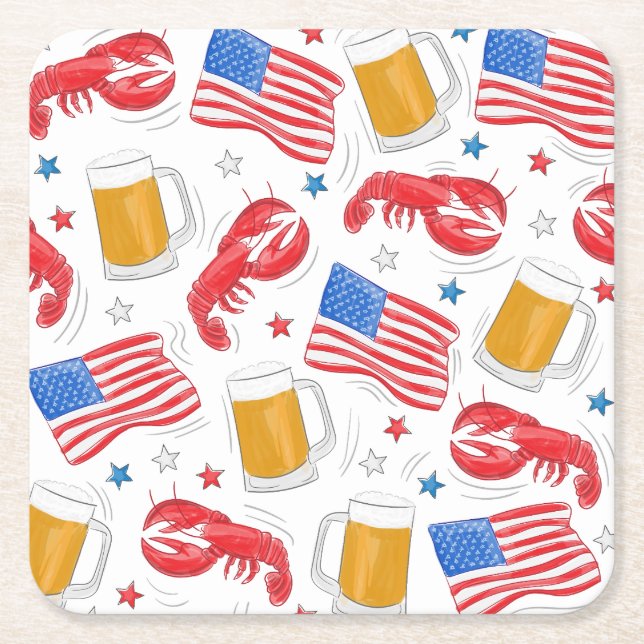 Patriotic American Flag Lobster Beer Star Party Square Paper Coaster (Front)