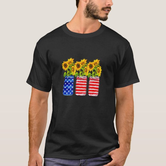 Patriotic American Flag Mason Jars With Sunflowers T-Shirt (Front)